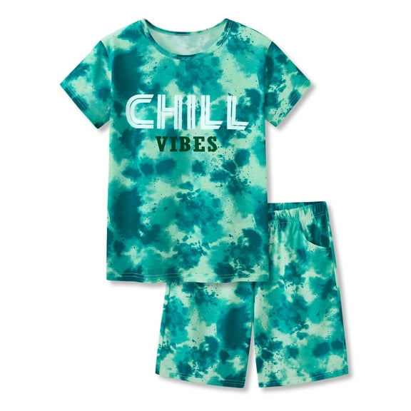 Tebbis Pajamas For Boys Trendy Dino Chill Green Short Sleeves 2-Piece PJs Set Kid Comfy Sleepwear Size 14
