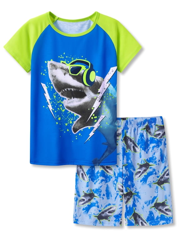 Pajamas For Boys Trendy Shark with Headset Short Sleeves 2-Piece PJs Set Kid Comfy Sleepwear Size 18