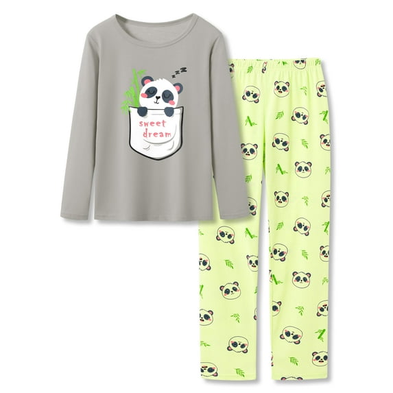 Tebbis Pajamas for Big / Teen Girls – Gray Cute Panda PJS Soft Long Sleeves & Pants Set Jammies Set Size 12