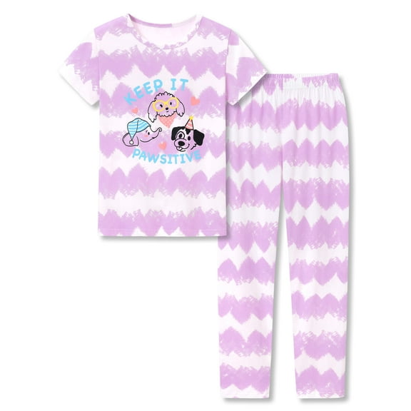 Tebbis Pajamas for Girls 2-Piece Purple Soft Tee & Pants PJ Trendy Tie Dye Elephant Puppy Jammies Set Size 10