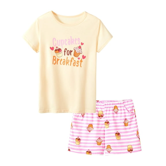 Tebbis Pajamas for Girls Cute Cupcakes Comfy Summer 2-Piece Clothe Set Kid Size 6