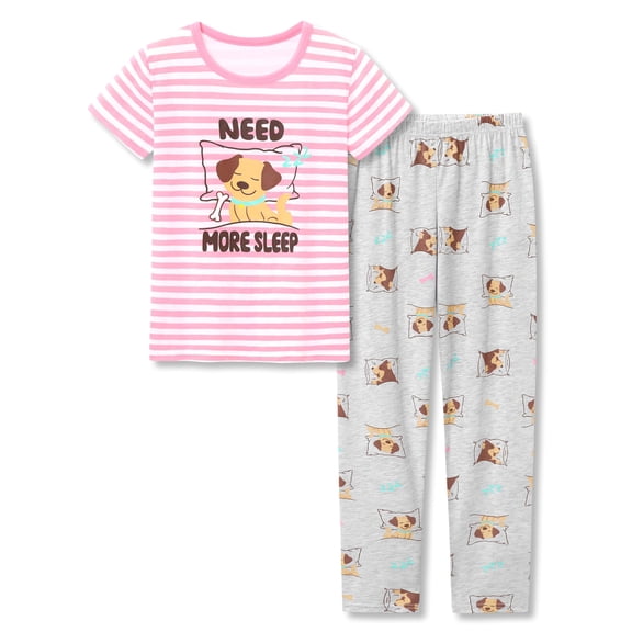 Beezizac Pajamas for Girls – Cute Dog Pink Striped PJS Soft Tee & Pants Jammies Set Size 12