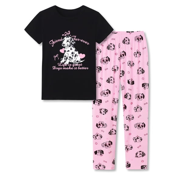 Beezizac Pajamas for Girls Modal Fiber Tee & Pants Pj Set Cute Spotted Dog Jammies Tween Size 14