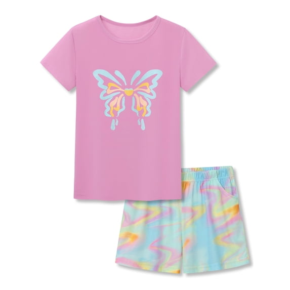 Beezizac Pajamas for Girls Soft Tee & Shorts Dreamy Butterfly PJ Pink Purple Jammies Set Size 16