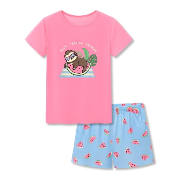 Beezizac Pajamas for Girls Soft Tee & Shorts PJ Cute Sloth Holding Watermelon Jammies Set Size 18