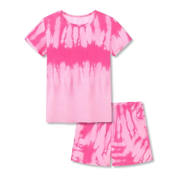 Tebbis Pajamas for Girls Soft Tee & Shorts PJ Trendy Hot Pink Tie Dye Jammies Set Size 6