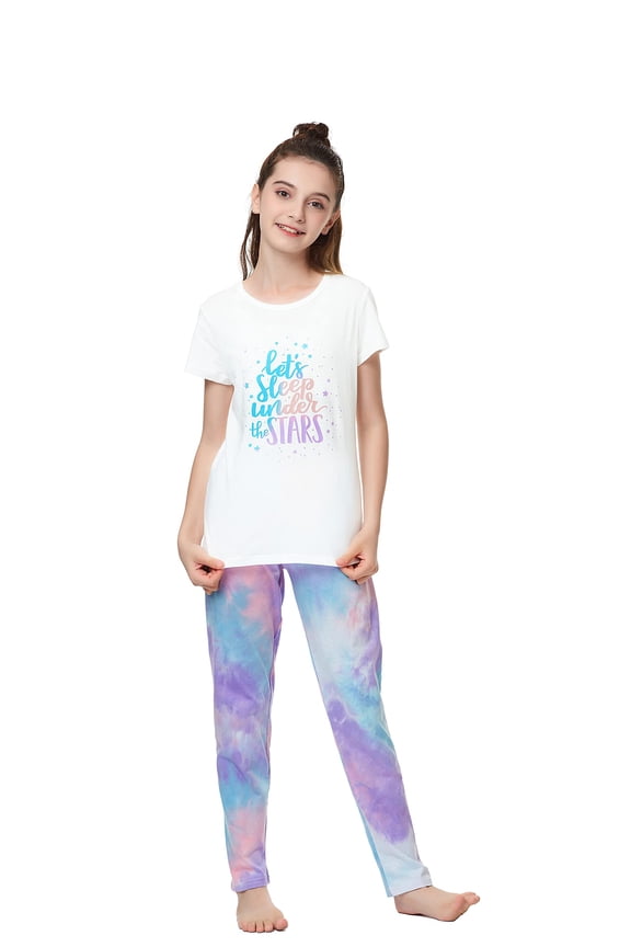 Tebbis Pajamas for Girls Tie dye Cotton Sleepover Tee & Pants PJ Set Big Kids Size 10