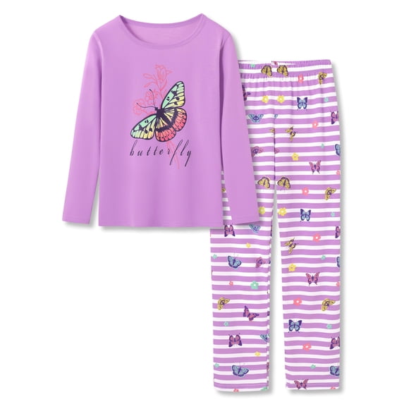 Beezizac Pajamas for Little/Teen Girls – Violet Butterfly PJS Soft Long Sleeves & Pants Set Jammies Set Size 5T