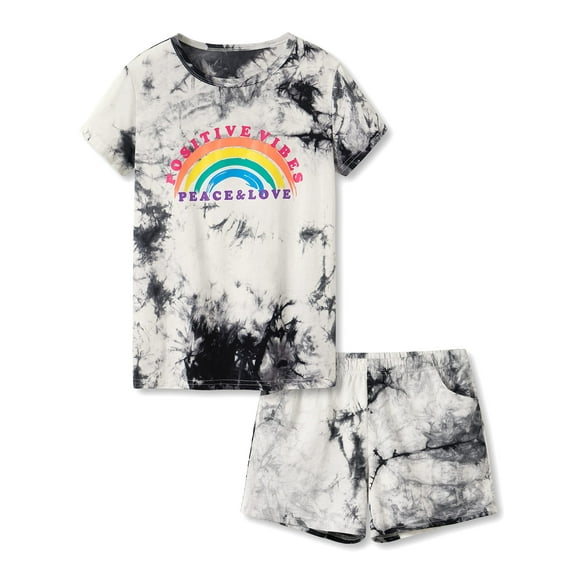 Beezizac Rainbow Tie Dye Pajamas for Girls 100% Cotton PJ Shorts Lounge Set Tween Size 10