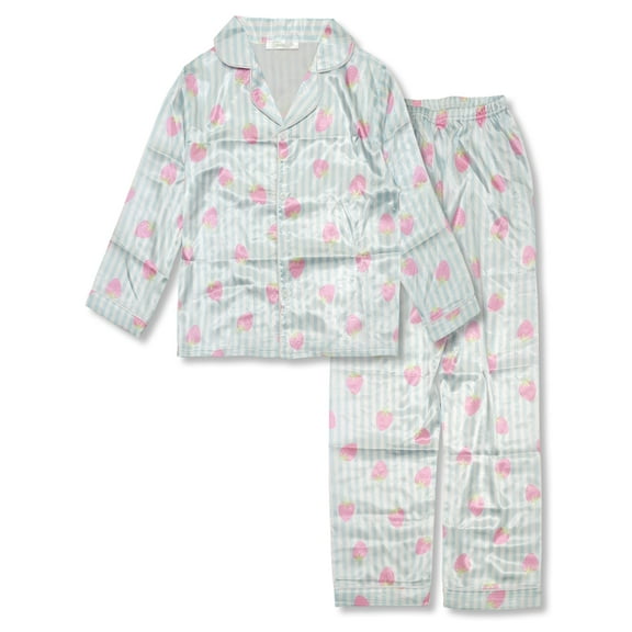 Tebbis Satin Pajamas for Girls - Blue & White Stripes Silky Long-sleeved Set with Sweet Strawberry Pattern Size 16
