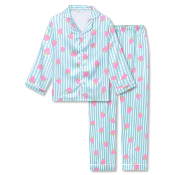 Beezizac Satin Pajamas for Girls - Blue & White Stripes Silky Long-sleeved Set with Sweet Strawberry Pattern Size 16