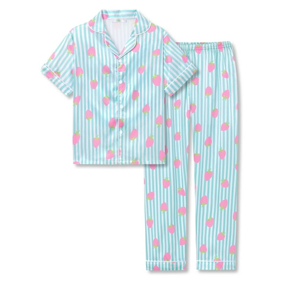 Beezizac Satin Pajamas for Girls - Blue & White Stripes Silky Short-Sleeved Set with Sweet Strawberry Pattern Size 12