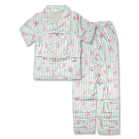 Beezizac Satin Pajamas for Girls - Blue & White Stripes Silky Short-Sleeved Set with Sweet Strawberry Pattern Size 16