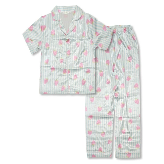 Beezizac Satin Pajamas for Girls - Blue & White Stripes Silky Short-Sleeved Set with Sweet Strawberry Pattern Size 16