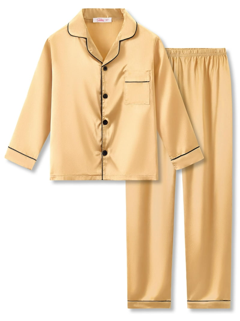 Tebbis Satin Pajamas for Girls Champagne Gold Cute Silky Long