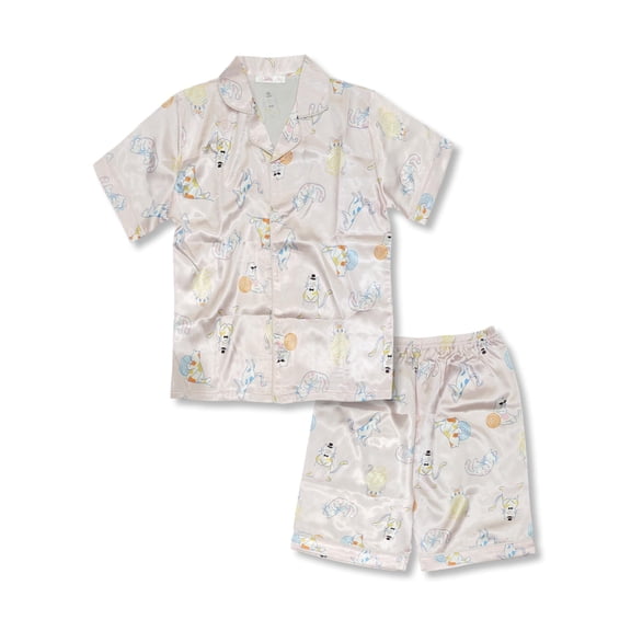 Tebbis Satin Pajamas for Girls-Cute Pink Silky Short-Sleeved Set with Adorable Cat & Yarn Ball Print Size 16