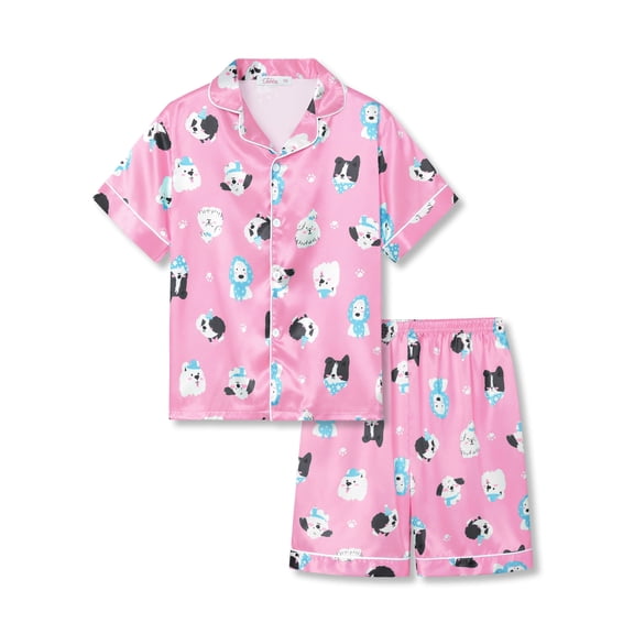 Tebbis Satin Pajamas for Girls-Cute Pink Silky Short-Sleeved Set with Adorable Puppy Prints Size 10