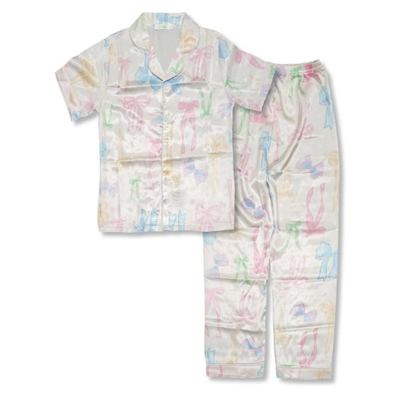 Tebbis Satin Pajamas for Girls - Cute Yellow Silky Short-Sleeved Set with Colorful Bow Prints Size 16