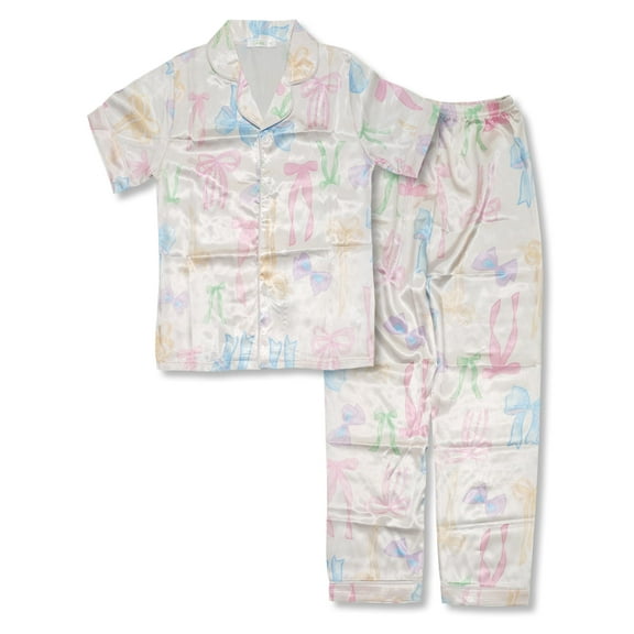 Tebbis Satin Pajamas for Girls - Cute Yellow Silky Short-Sleeved Set with Colorful Bow Prints Size 16