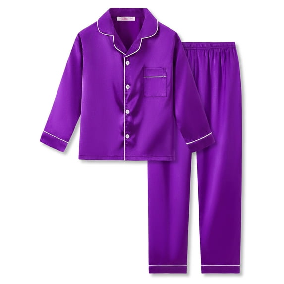 Tebbis Satin Pajamas for Girls -Dark Purple Cute Silky Long Sleeves & Pants Sleepwear PJ Set Size 8