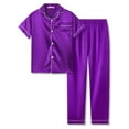 thumbnail image 1 of Beezizac Satin Pajamas for Girls -Dark Purple Cute Silky Short Sleeves & Pants Sleepwear PJ Set Size 12, 1 of 7