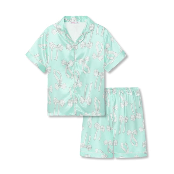Beezizac Satin Pajamas for Girls-Light Green Silky Short-Sleeved Set with Charming White Bow Print Size 12