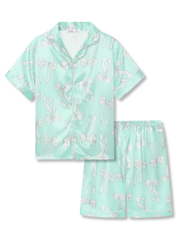 Satin Pajamas for Girls-Light Green Silky Short-Sleeved Set with Charming White Bow Print Size 12