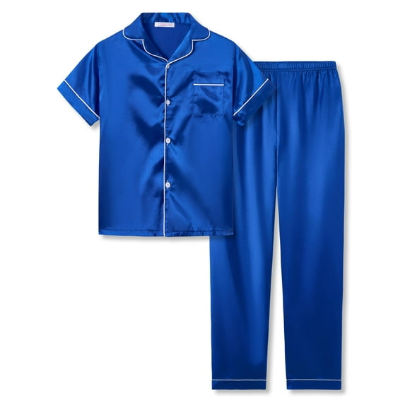 Beezizac Satin Pajamas for Girls - Royal Blue Cute Silky Short Sleeves & Pants Sleepwear PJ Set Size 10