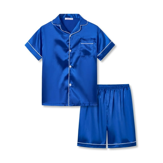 Beezizac Satin Pajamas for Girls - Royal Blue Cute Silky Summer Shorts Soft PJ Set Size 6/7