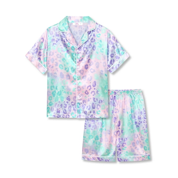 Tebbis Satin Pajamas for Girls-Soft Silky Short-Sleeved Set with Iridescent Leopard Print Size 14