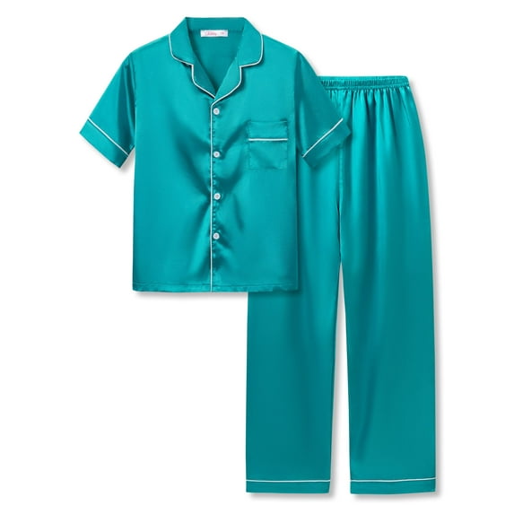 Beezizac Satin Pajamas for Girls -Teal Cute Silky Short Sleeves & Pants Sleepwear PJ Set Size 16