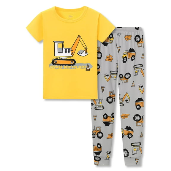 Beezizac Snug-Fitting Pajamas for Boys – Soft Modal Fiber Toddler/Little Jammies Yellow Excavator PJs Size 7