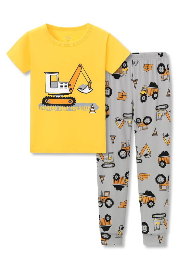Snug-Fitting Pajamas for Boys – Soft Modal Fiber Toddler/Little Jammies Yellow Excavator PJs Size 7