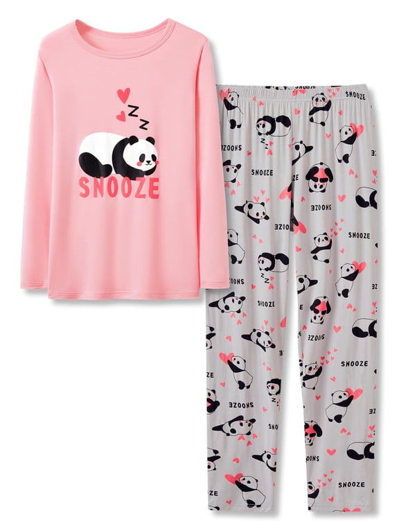 Tebbis Soft Modal Cute Panda Pajamas for Girls Long Sleeve & Pants Set Jammies Big Kid Size 14