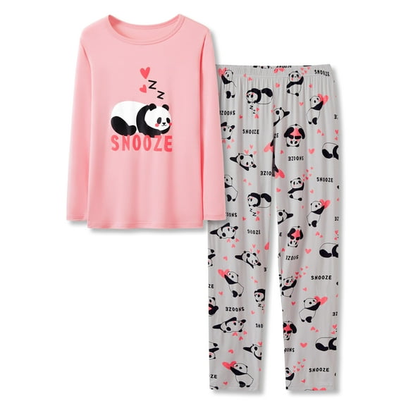 Tebbis Soft Modal Cute Panda Pajamas for Girls Long Sleeve & Pants Set Jammies Big Kid Size 16