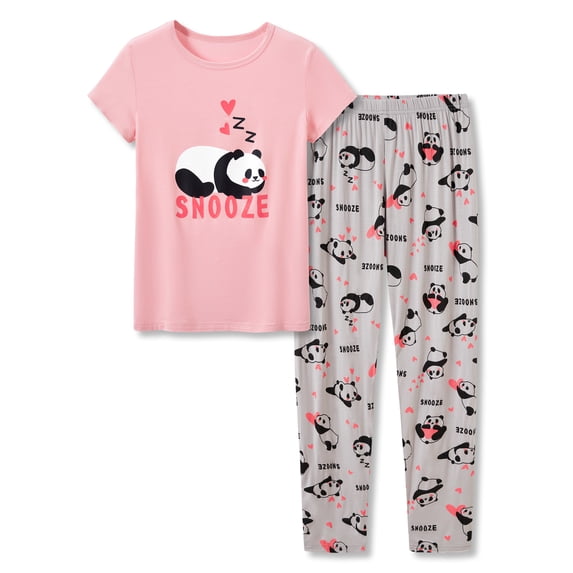 Beezizac Soft Modal Cute Panda Pajamas for Girls Tee & Pants Set Jammies Big Kid Size 10