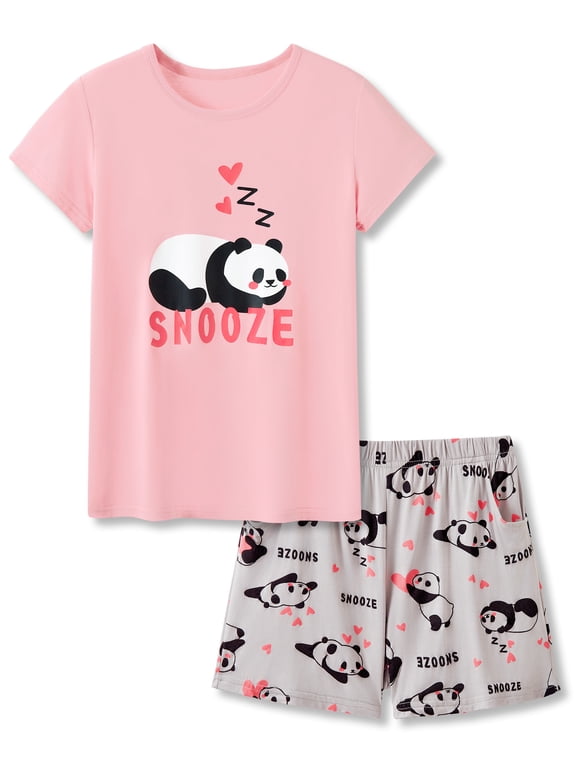 Soft Modal Cute Panda Pajamas for Girls Tee & Shorts Set Jammies Big Kid Size 18