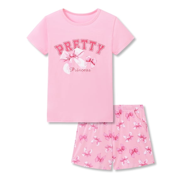 Beezizac Soft Modal Pajamas for Girls Tee & Shorts Set Pink Bow Jammies Big Kid Size 10