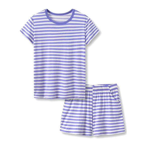 Tebbis Soft Modal Purple Striped Pajamas for Girls Jersey Shirt & Shorts Set Jammies Big Kid Size 10