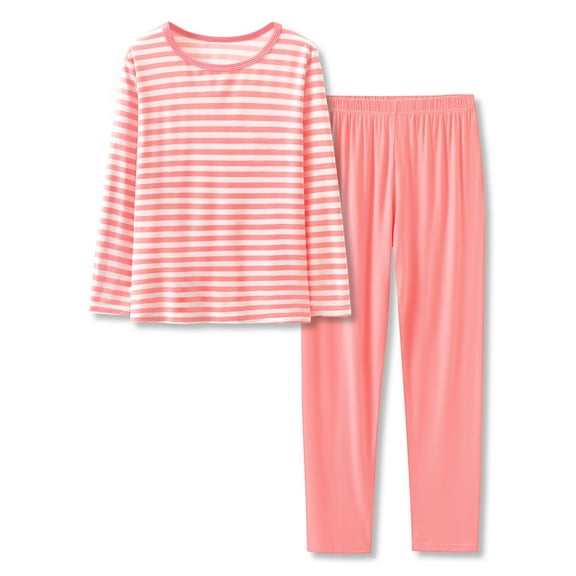 Tebbis Soft Winter Modal Pink Striped Pajamas for Girls Long Sleeve & Pants Set Jammies Big Kid Size 10