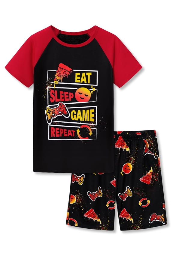 Summer Pajamas For Big Boys Sleep Face & Game Graphic Red Short Sleeves Soft PJs Set Kid Size 12