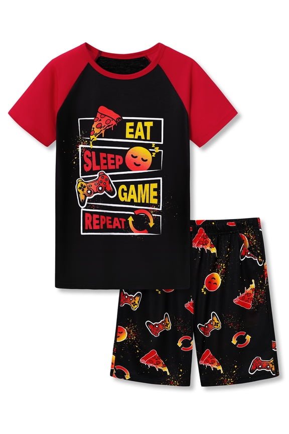 Tebbis Summer Pajamas For Little Boys Sleep Face & Game Graphic Red Short Sleeves Soft PJs Set Kid Size 8 Plus