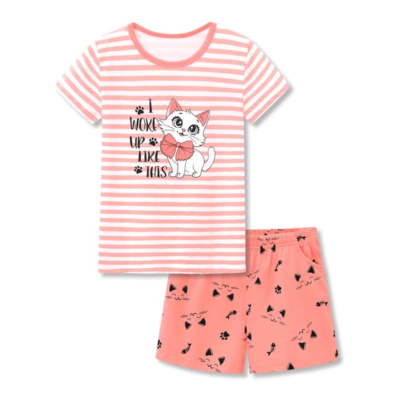 Beezizac Summer Pajamas for Girls – Cute Cat Orange Striped PJS Cozy Short sleeved Jammies Set Size 4T
