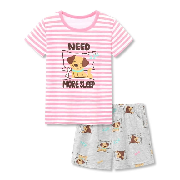Tebbis Summer Pajamas for Girls – Cute Dog Pink Striped PJS Cozy Short sleeved Jammies Set Size 12