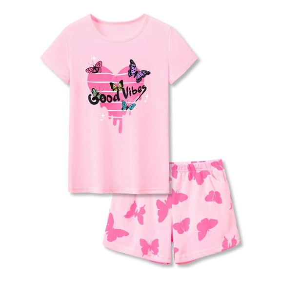 Beezizac Summer Pajamas for Girls – Pink & Butterfly PJS Ultra Soft Jammies Set Size 18