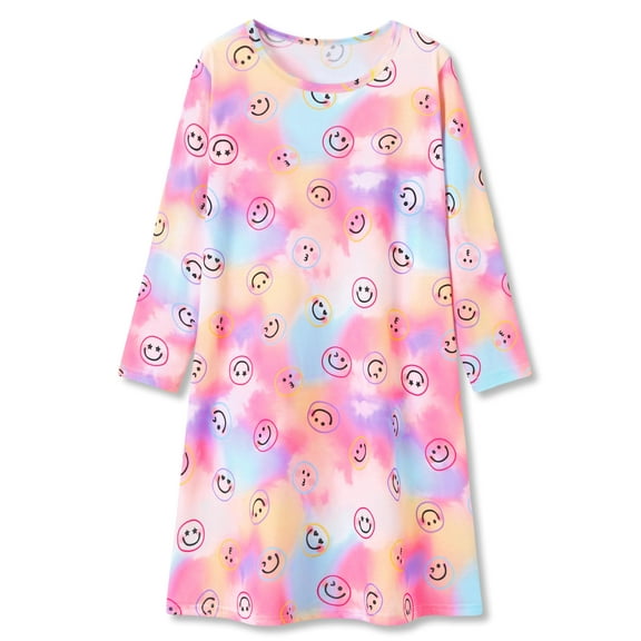 Beezizac Teen/Little Girls Nightgown – Soft Long Sleeves Sleepwear Trendy Multi-colored Face Nightdress Pajama Size 6