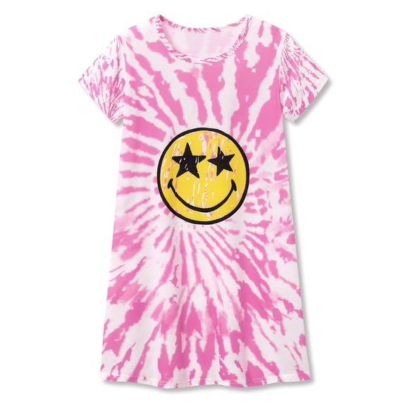 Tebbis Teen/Little Girls Nightgown – Summer Short Sleeves Sleepwear Pink Smiling Face Nightdress Pajama Size 10