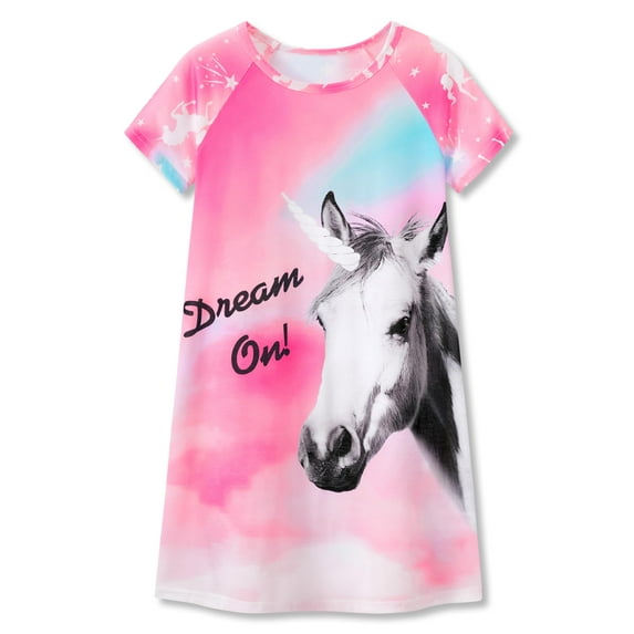 Beezizac Teen/Little Girls Nightgown – Summer Short Sleeves Sleepwear Pretty Rainbow Unicorn Nightdress Pajama Size 8