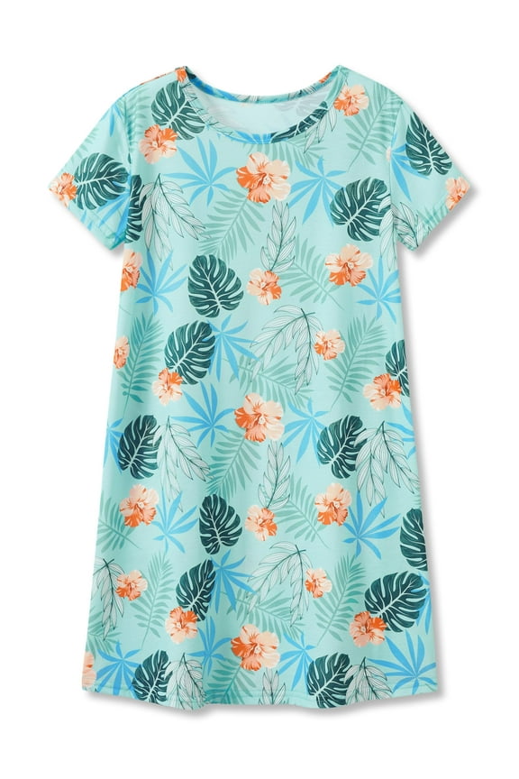 Teen/Little Girls Nightgown – Summer Short Sleeves Sleepwear Trendy Green Tropical Nightdress Pajama Size 14