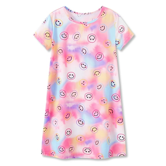 Beezizac Teen/Little Girls Nightgown – Summer Short Sleeves Sleepwear Trendy Multi-colored Face Nightdress Pajama Size 10